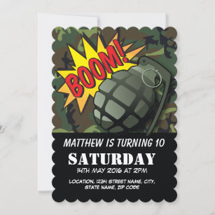 Army Camouflage Comic Grenade Kids Birthday Invitation