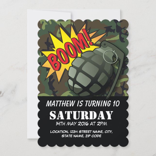 Army Camouflage Comic Grenade Kids Birthday Invitation (Front)