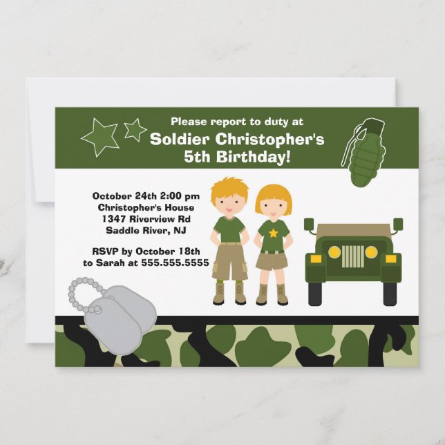 Army Camouflage Soldier Kids Birthday Party Invitation (Front)