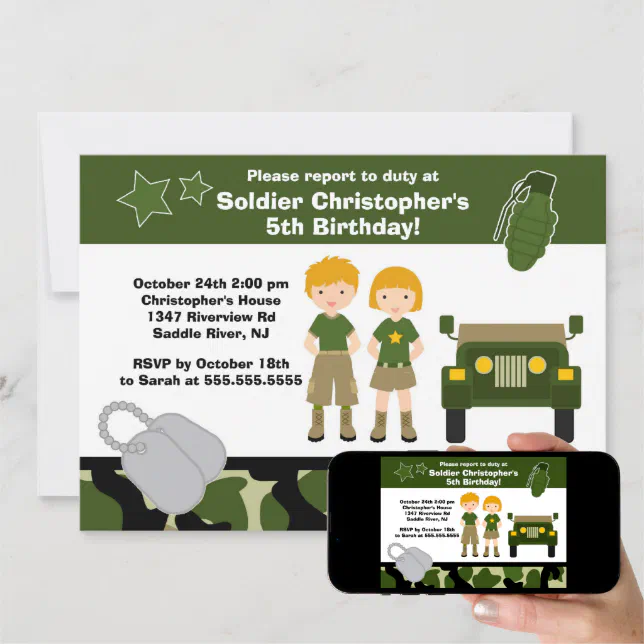Army Camouflage Soldier Kids Birthday Party Invitation Zazzle