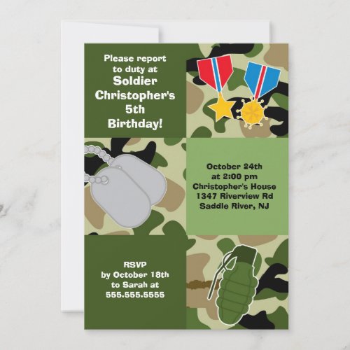 Army Camouflage Soldier Kids Birthday Party Invitation