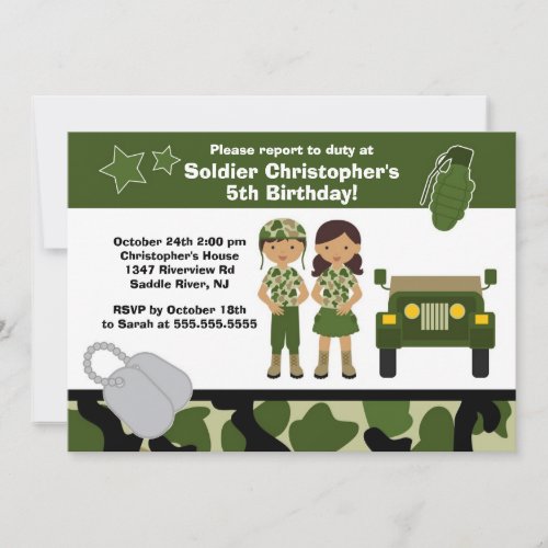 Army Camouflage Soldier Kids Birthday Party Invitation