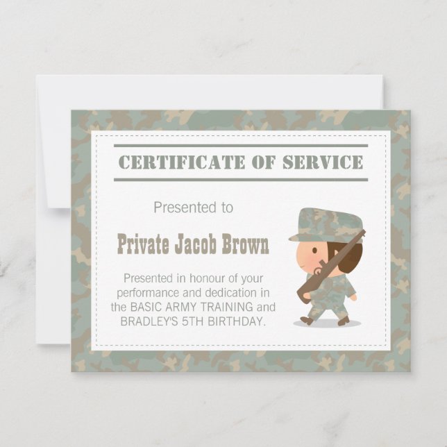 Army Certificate of Service Thank You Birthday Invitation (Front)