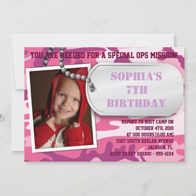 Army Dog Tag Birthday Invitation - Girls (Front)