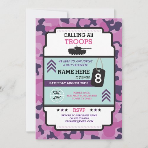 ARMY GIRL SOLDIER TROOP TANK INVITE BIRTHDAY PARTY