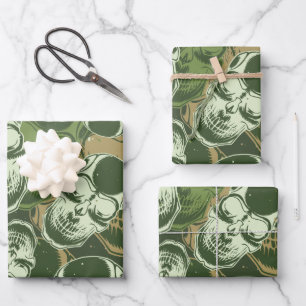 Army Green Camo Skull Pattern Wrapping Paper Sheets