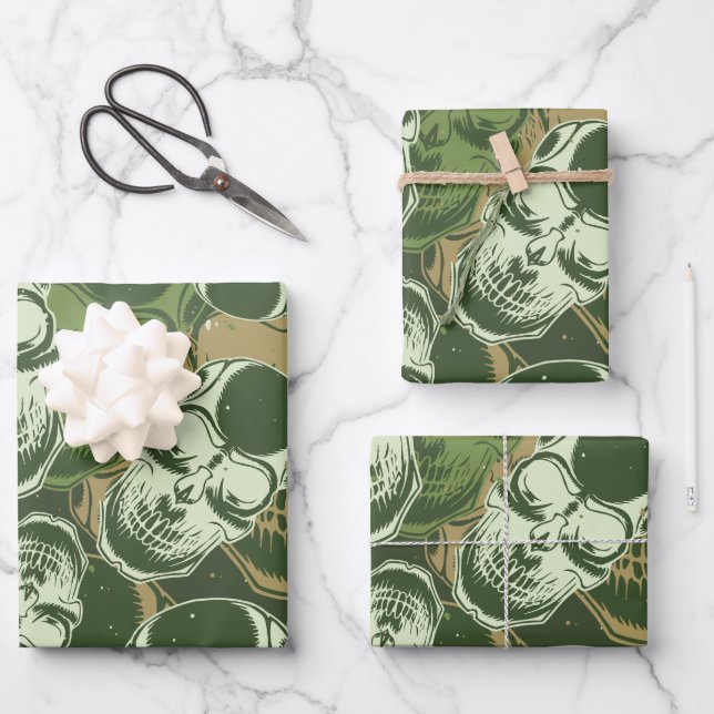 Army Green Camo Skull Pattern Wrapping Paper Sheets (Front)