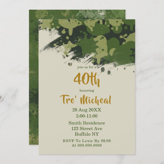 Army Green Camouflage 40th Birthday Invitations  (Front/Back)