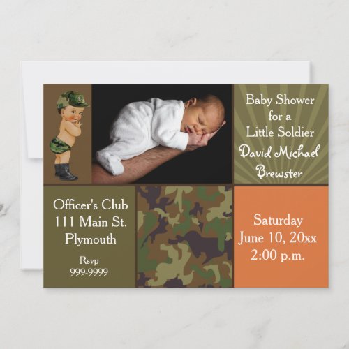 Army Green Camouflage Photo Baby Shower Invitation