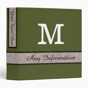 Army green Color Burlap Look Monogram 3 Ring Binder