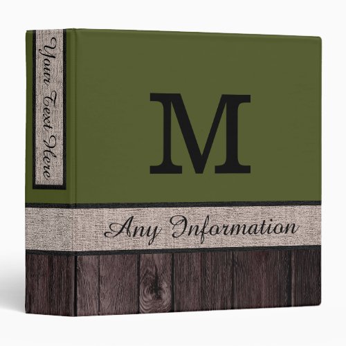 Army Green Color Rustic Look Wood Monogram Binder
