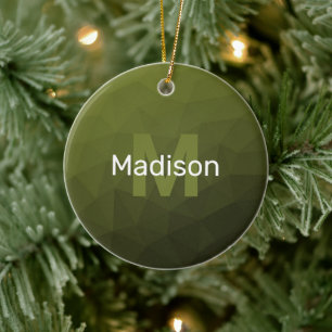 Army green geometric mesh pattern Monogram Cerami Ceramic Ornament