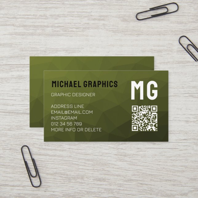 Army green geometric mesh pattern QR code  Business Card (Front/Back In Situ)