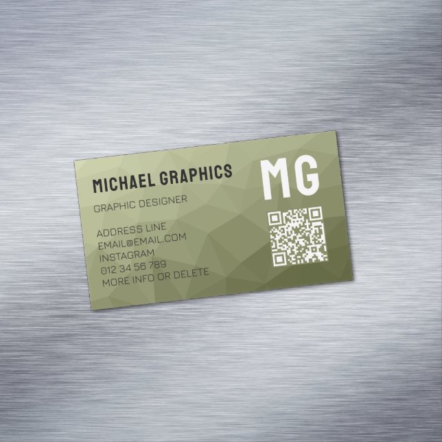 Army green geometric mesh pattern QR code  Business Card Magnet (In Situ)