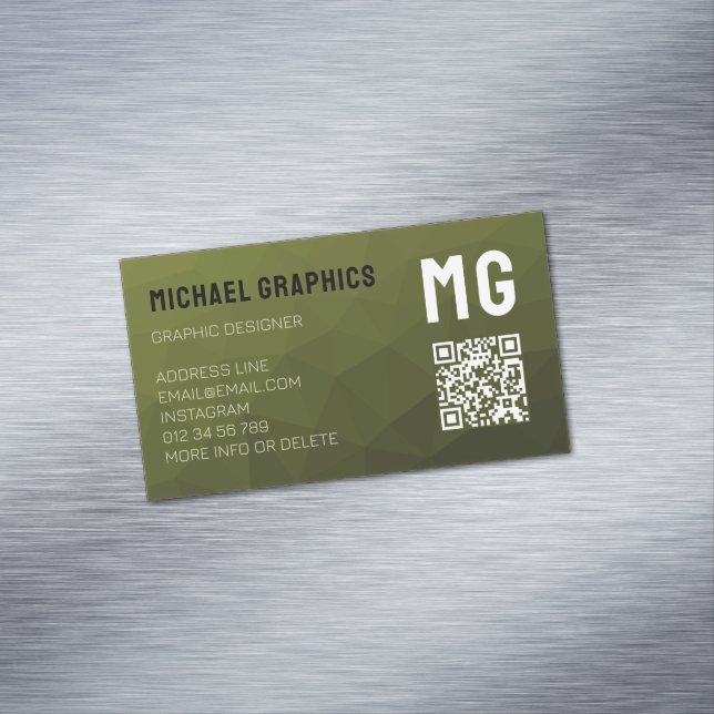 Army green geometric mesh pattern QR code  Business Card Magnet (In Situ)