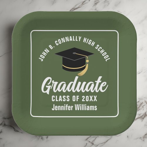 Army Green Graduate 2024 Graduation Party Square Paper Plates