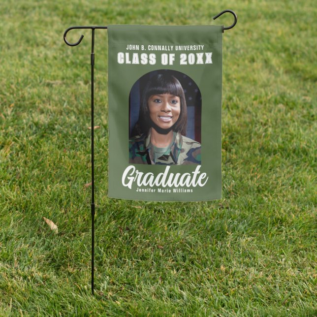 Army Green Graduate Photo Modern Arch Graduation Garden Flag (In SItu)