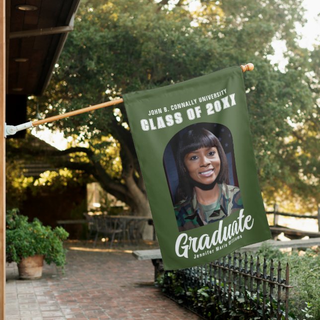 Army Green Graduate Photo Modern Arch Graduation House Flag (In SItu)