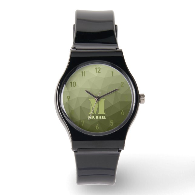 Army green light geometric mesh pattern Monogram Watch (Front)