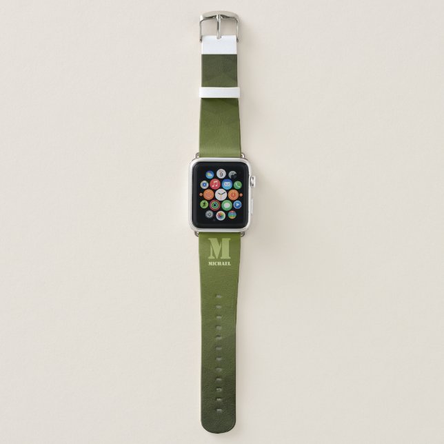 Army green olive geometric mesh pattern Monogram Apple Watch Band (Front)
