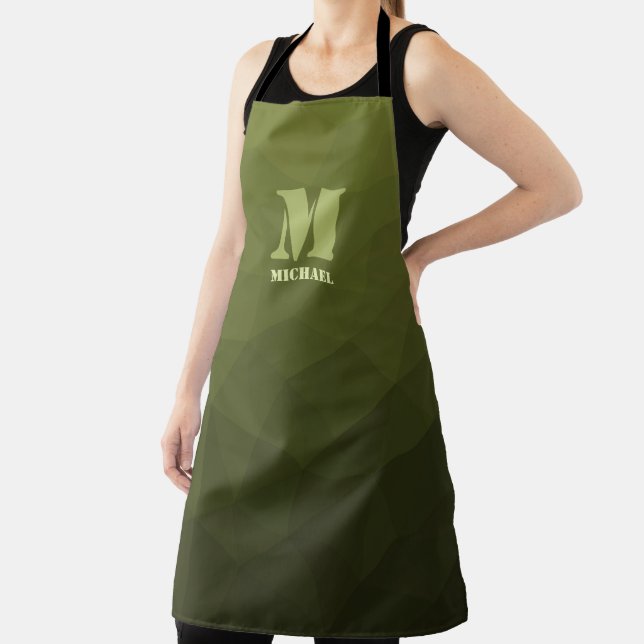 Army green olive geometric mesh pattern Monogram Apron (Insitu)