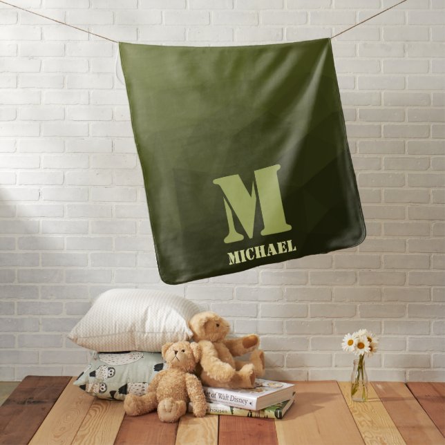 Army green olive geometric mesh pattern Monogram Baby Blanket (In Situ)
