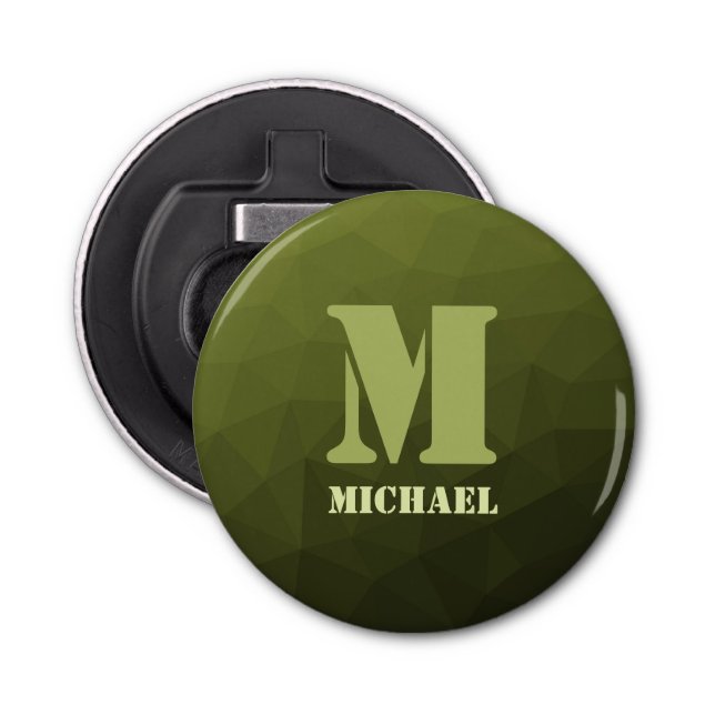 Army green olive geometric mesh pattern Monogram Bottle Opener (Front)