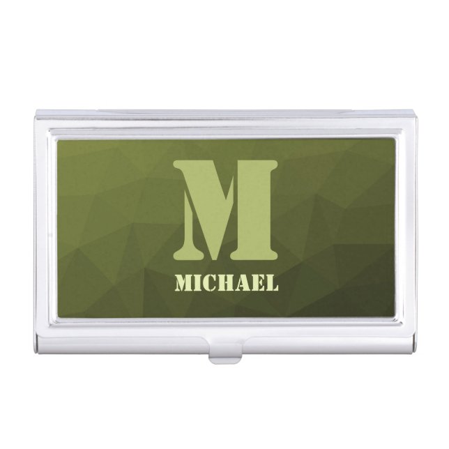 Army green olive geometric mesh pattern Monogram Business Card Case (Front)