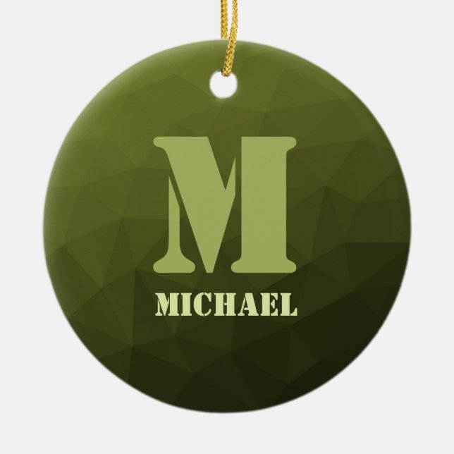 Army green olive geometric mesh pattern Monogram Ceramic Ornament (Front)