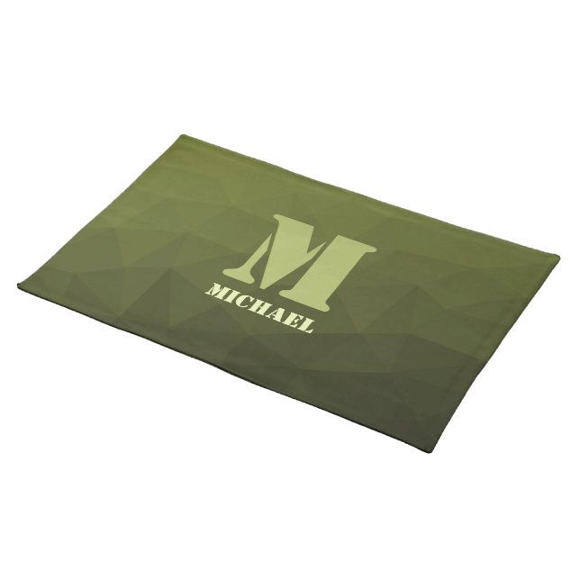 Army green olive geometric mesh pattern Monogram Cloth Placemat (On Table)