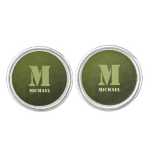 Army green olive geometric mesh pattern Monogram Cufflinks