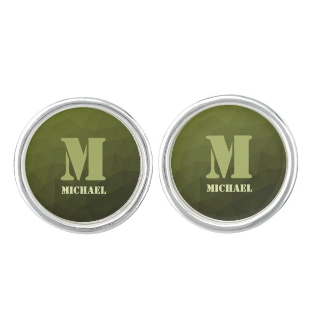 Army green olive geometric mesh pattern Monogram Cufflinks (Front)