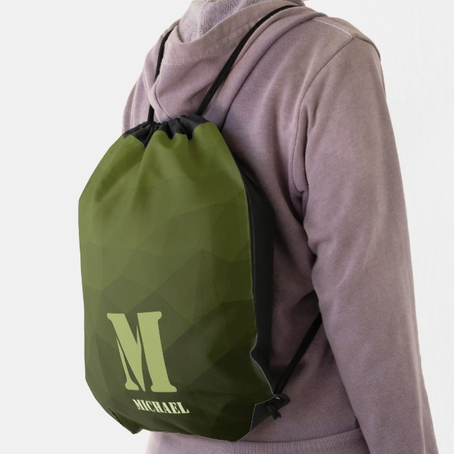 Army green olive geometric mesh pattern Monogram Drawstring Bag (Insitu)