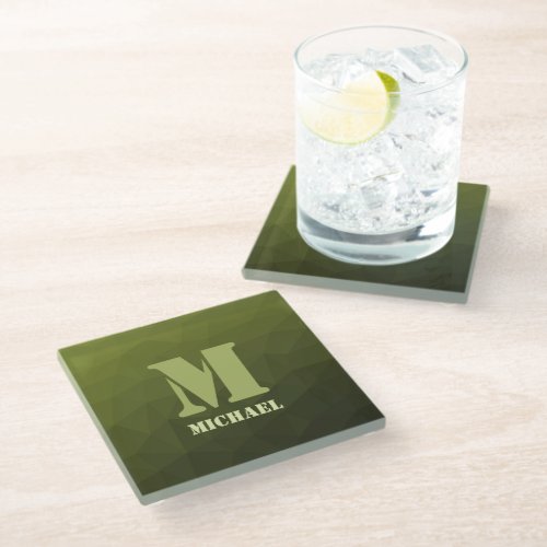 Army green olive geometric mesh pattern Monogram Glass Coaster