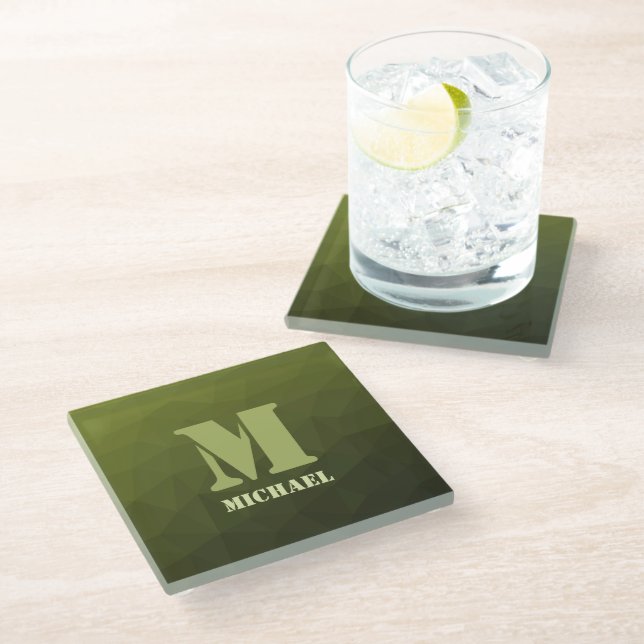 Army green olive geometric mesh pattern Monogram Glass Coaster (Angled)