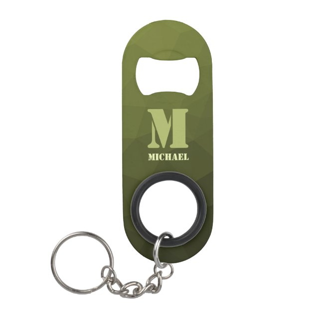 Army green olive geometric mesh pattern Monogram Keychain Bottle Opener (Front)
