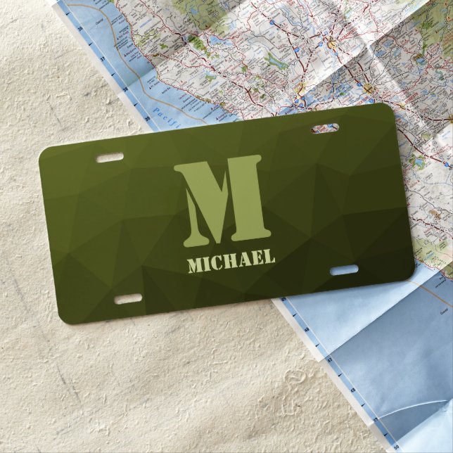 Army green olive geometric mesh pattern Monogram License Plate (In Situ)