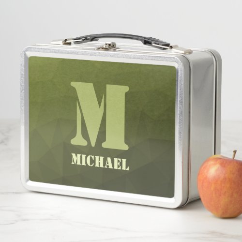 Army green olive geometric mesh pattern Monogram Metal Lunch Box