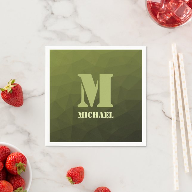 Army green olive geometric mesh pattern Monogram Napkins (Insitu)