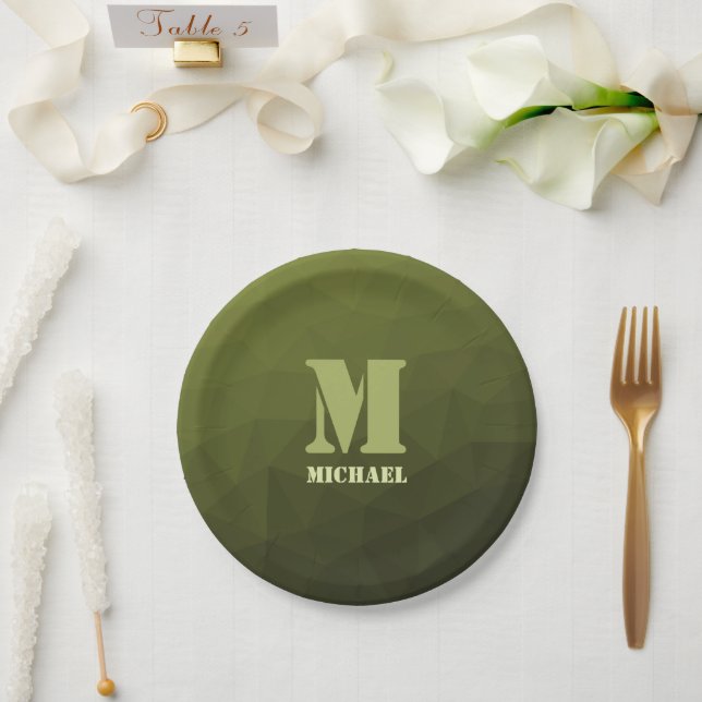 Army green olive geometric mesh pattern Monogram Paper Plates (Wedding)