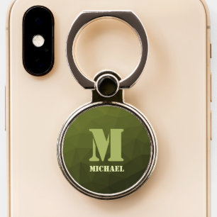 Army green olive geometric mesh pattern Monogram Phone Ring Stand
