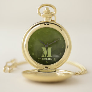 Army green olive geometric mesh pattern Monogram Pocket Watch