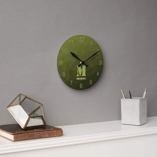 Army green olive geometric mesh pattern Monogram Round Clock