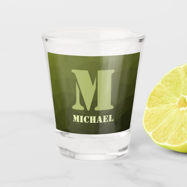 Army green olive geometric mesh pattern Monogram Shot Glass (Front)