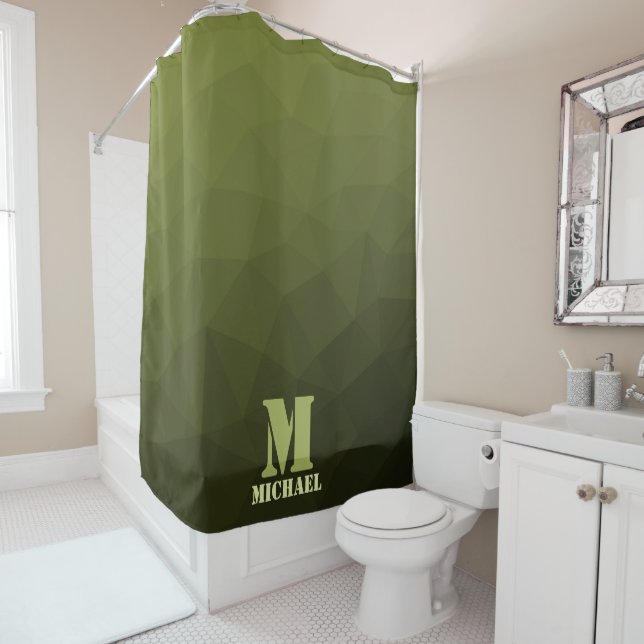 Army green olive geometric mesh pattern Monogram Shower Curtain (In Situ)