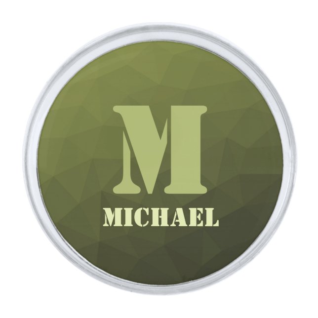 Army green olive geometric mesh pattern Monogram Silver Finish Lapel Pin (Front)
