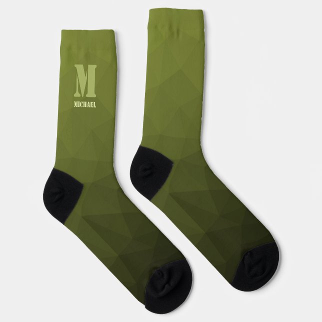 Army green olive geometric mesh pattern Monogram Socks (Right)