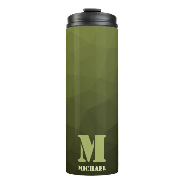 Army green olive geometric mesh pattern Monogram Thermal Tumbler (Front)