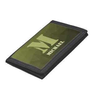 Army green olive geometric mesh pattern Monogram Tri-fold Wallet