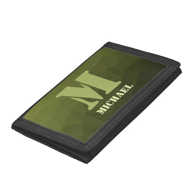 Army green olive geometric mesh pattern Monogram Trifold Wallet (Bottom)